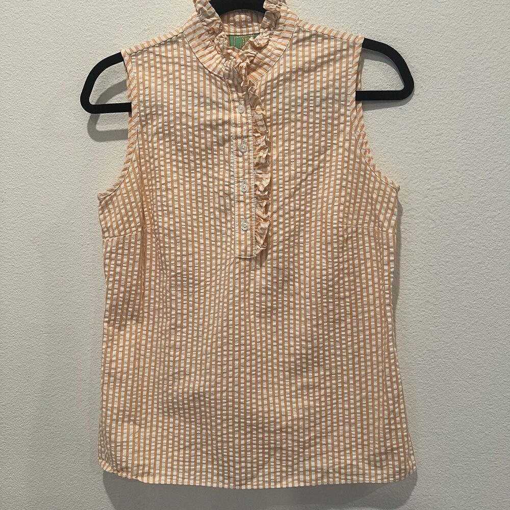 Jules Reid Sleeveless Ruffle Blouse Striped Orange And White Cotton top Sz 4